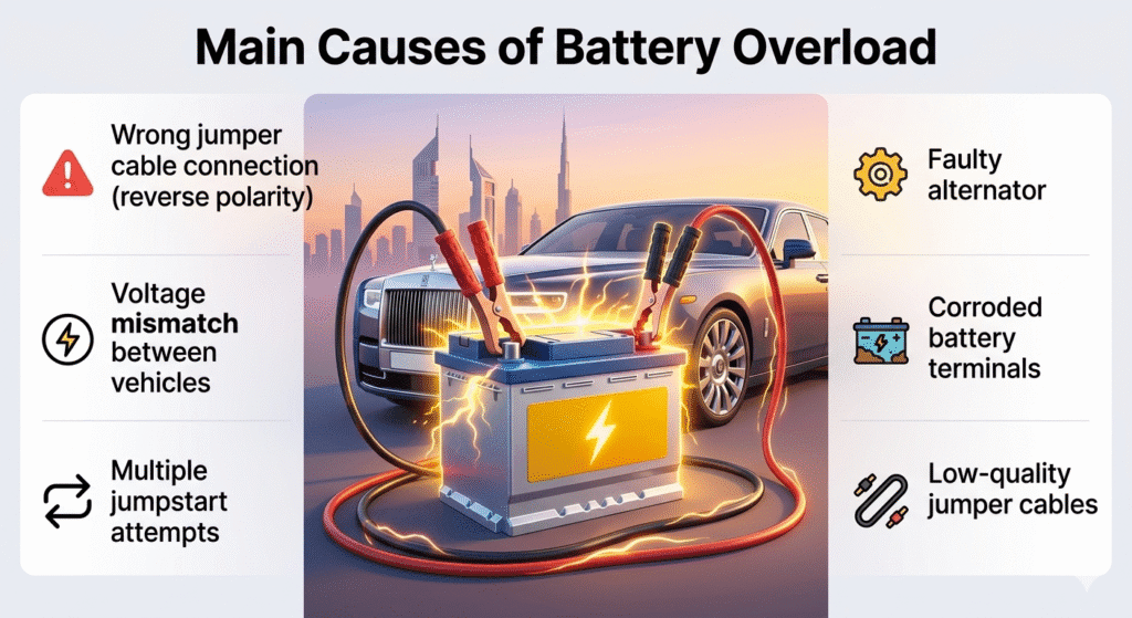 "Infographic showing the main causes of battery overload during jumpstart in Dubai with a central car battery illustration and key points displayed on the sides."