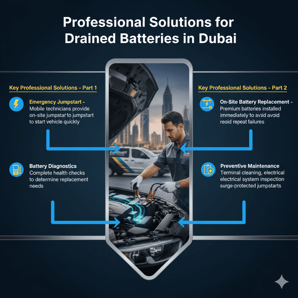 Professional Solutions for Drained Car Batteries in Dubai β EuroSwift Auto Services Infographic showing professional solutions for drained car batteries in Dubai, including emergency jumpstart, battery diagnostics, on-site replacement, and preventive maintenance by EuroSwift Auto Services.