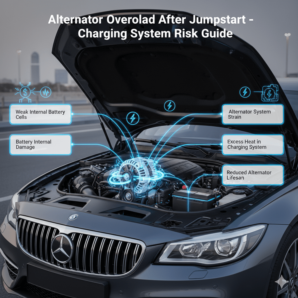 Alternator overload after car jumpstart showing heavy charging load on vehicle alternator recharging a drained battery.