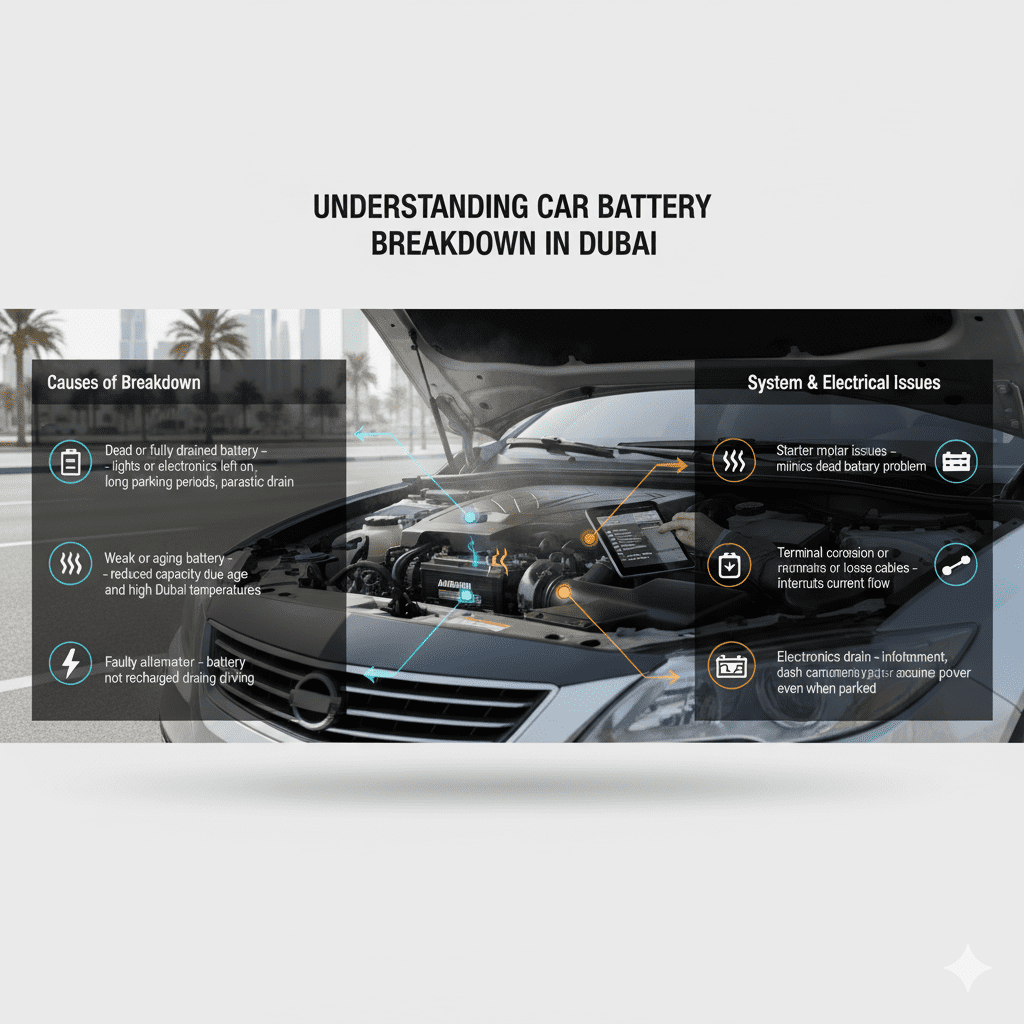 Modern Dubai car battery breakdown with technician inspecting battery, alternator, and starter motor; causes include dead battery, weak battery, alternator issues, starter malfunction, terminal corrosion, and electronics drain.