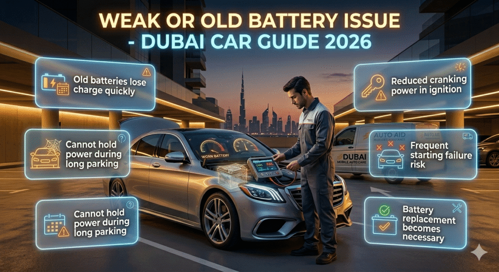 Luxury car in Dubai with a mobile mechanic testing an old weak battery using a diagnostic tool, showing battery aging and reduced performance in infographic style.