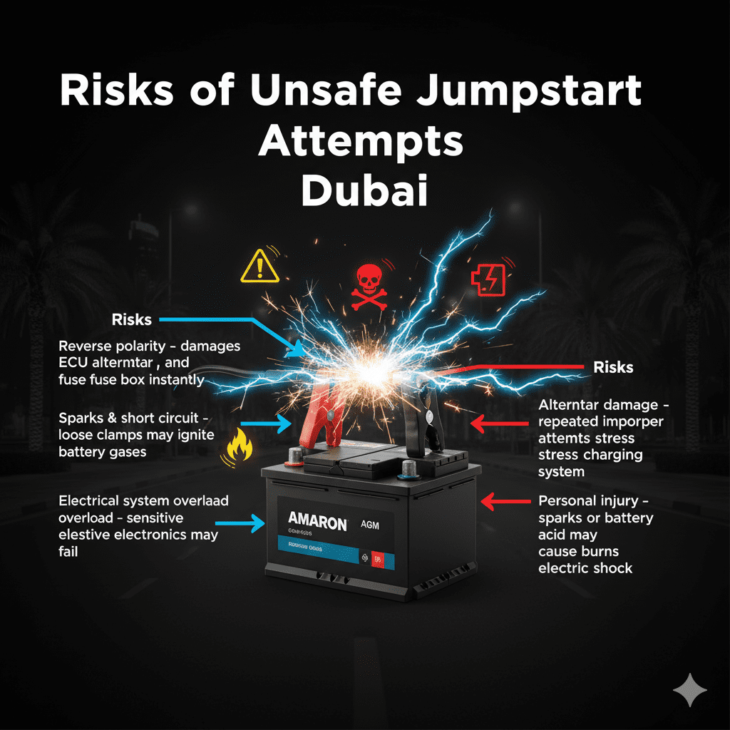 Infographic showing the risks of unsafe jumpstart attempts in Dubai, with a central battery, incorrectly connected jumper cables, and side bullet points highlighting reverse polarity, sparks, electrical overload, alternator damage, and personal injury.