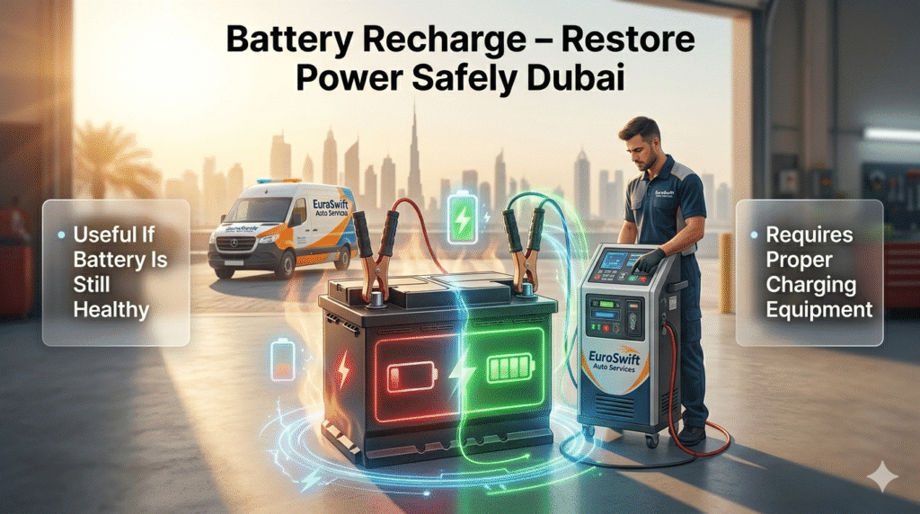 battery recharge Dubai showing car battery charging process with professional equipment