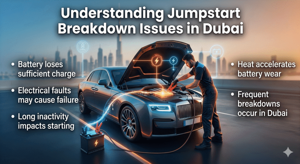 Understanding Jumpstart Breakdown Issues in Dubai Luxury car in Dubai being jumpstarted by a technician with infographic side points highlighting battery drain, electrical faults, inactivity, and heat effects