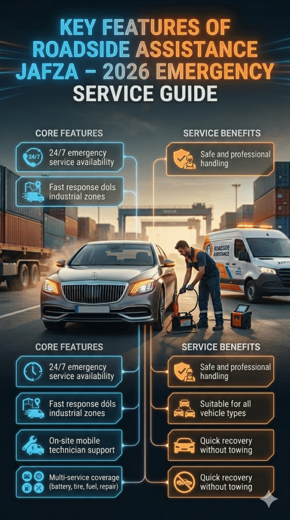 Cinematic infographic showing key features of roadside assistance in JAFZA with mobile mechanic, multi-service support, and emergency car help in industrial Dubai environment.