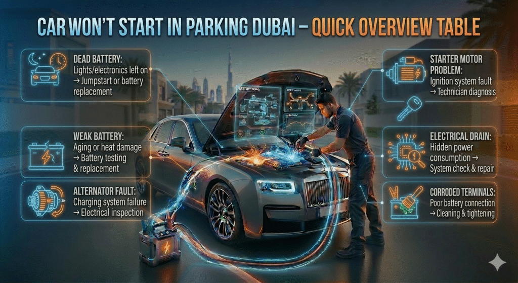 Luxury sedan in Dubai being jumpstarted by a technician, with animated infographic bullets showing issues, causes, and immediate solutions like dead battery, weak battery, alternator fault, starter motor problem, electrical drain, and corroded terminals