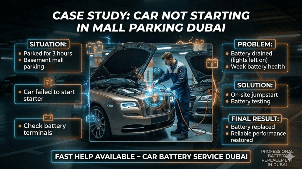 Case study of car not starting in mall parking Dubai showing battery failure and jumpstart solution