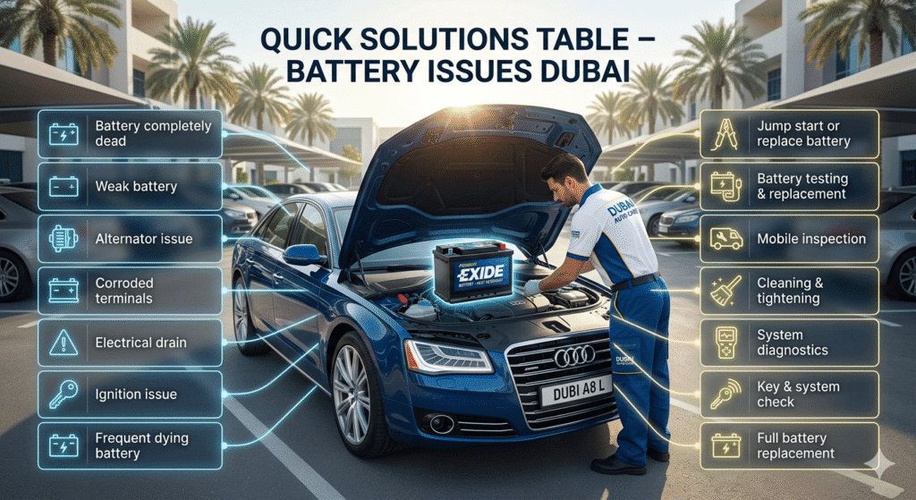 Quick Solutions Table for Car Battery Issues in Dubai Quick solutions table for car battery problems in Dubai with issues and immediate fixes