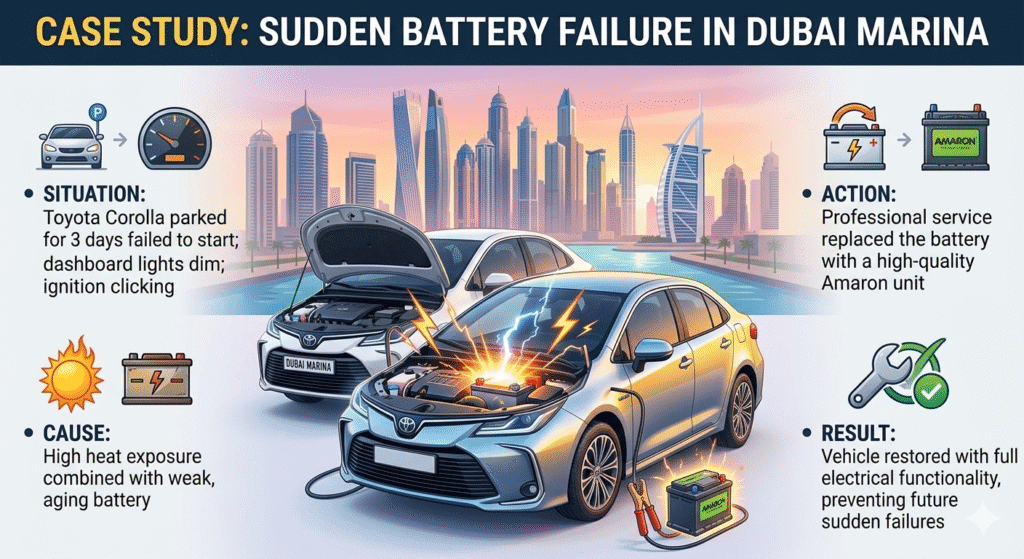 "Animated infographic showing a case study of sudden battery failure in Dubai Marina, featuring a Toyota Corolla, battery stress illustration, and key points displayed as bullet points on the sides."