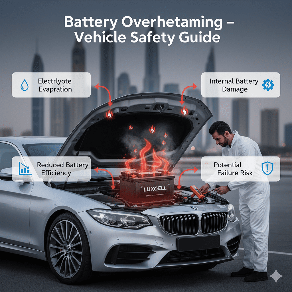Battery Overheating β Vehicle Safety Guide Battery overheating infographic showing electrolyte evaporation, reduced efficiency, and potential battery damage with premium brand illustration.
