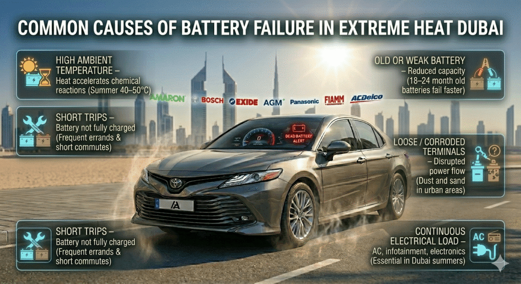 Illustration of a car parked under Dubai sun with dashboard battery alert. Left and right sides display common causes of battery failure in extreme heat Dubai: high ambient temperature, short trips, old or weak battery, loose/corroded terminals, continuous electrical load. Animated premium battery brand logos (Amaron, Bosch, Exide, AGM, Panasonic, FIAMM, AC Delco) float subtly in background.