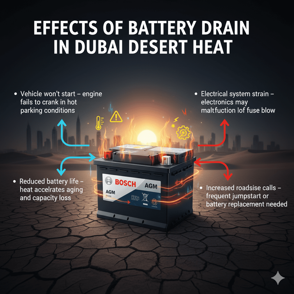 Infographic showing the effects of car battery drain in Dubai desert heat with side bullet points highlighting vehicle start issues, reduced battery life, electrical strain, and increased roadside calls.