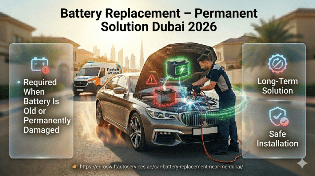 battery replacement Dubai showing technician installing new car battery as permanent solution
