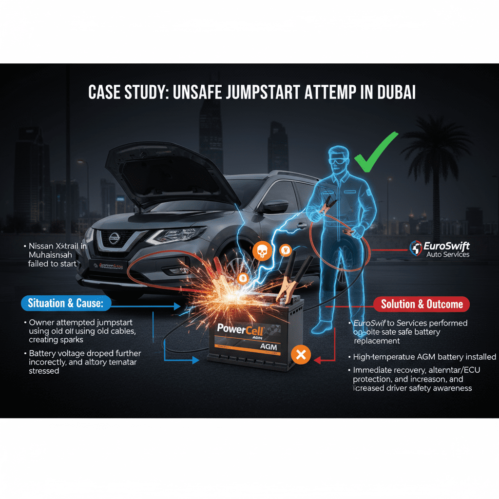 Infographic showing a case study of an unsafe jumpstart attempt on a Nissan X-Trail in Dubai, with side callouts highlighting situation, cause, solution, and outcome.