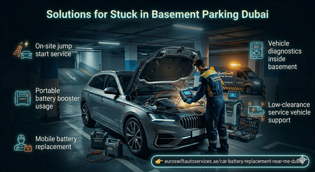 Solutions for Stuck in Basement Parking Dubai Car stuck in Dubai basement parking being jump started by technician using portable battery booster with emergency roadside assistance