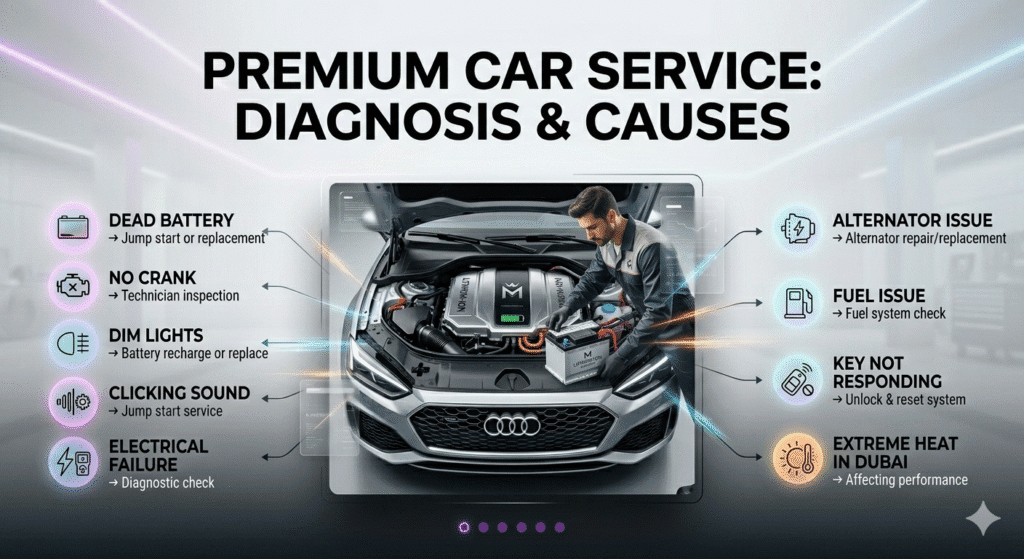 Quick Solutions for Car Stuck After Event in Dubai User guide image showing a quick solutions table for car problems with a premium car in the center and problem-solution points displayed on both sides.