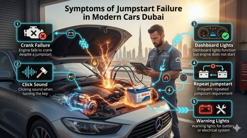 Symptoms of jumpstart failure in modern Dubai cars, showing engine failing to crank, clicking ignition, dashboard lights on, repeated jumpstarts, and battery warning lights highlighted.