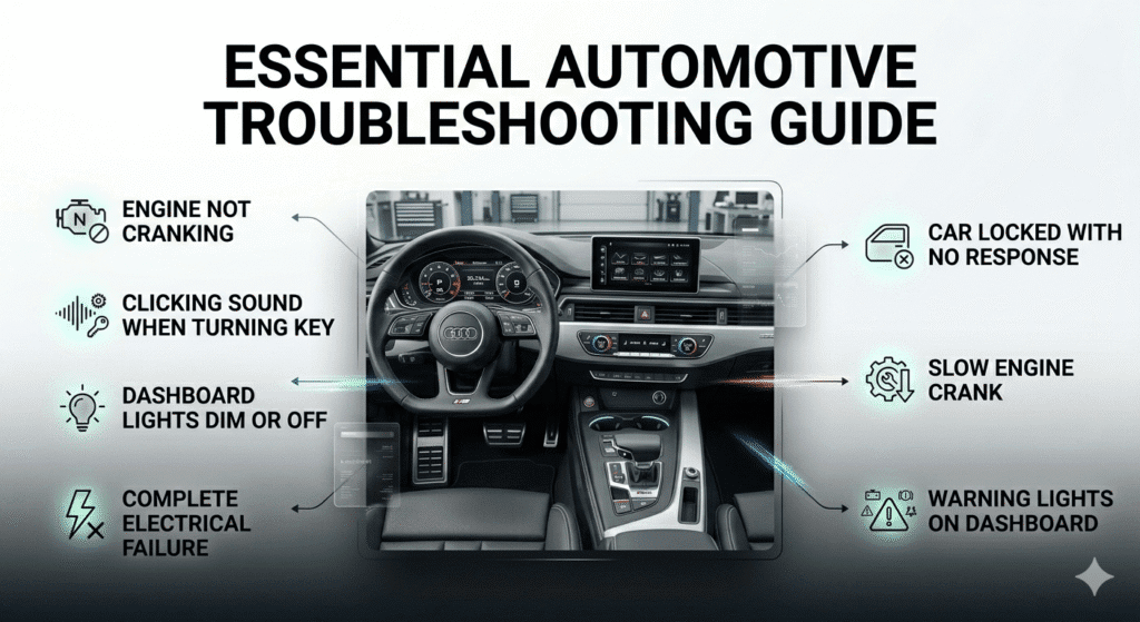 Symptoms of Car Stuck After Event in Dubai User guide image showing symptoms of car issues with a premium car in the center and key symptoms listed on both sides in a modern infographic layout.