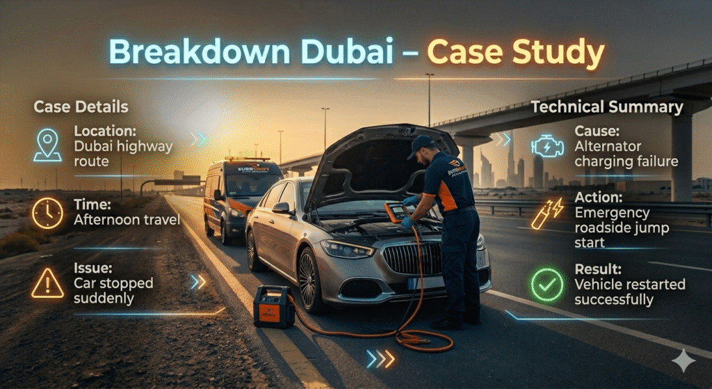 Dubai highway car breakdown case study showing alternator failure and emergency jump start assistance