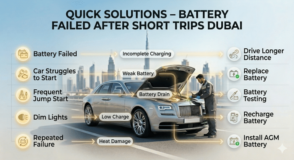 Quick solutions for battery failed after short trips Dubai including causes and fixes like replacement and charging