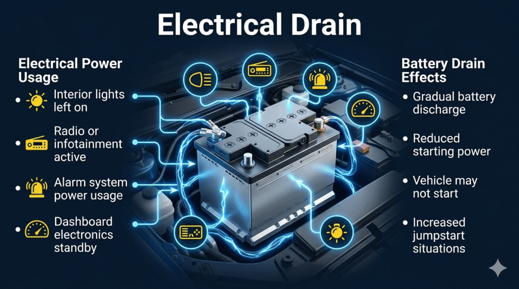 Electrical Drain in Cars – Battery Power Loss Guide Car electrical drain causing battery power loss due to lights, radio, alarms, and onboard electronics draining the vehicle battery.