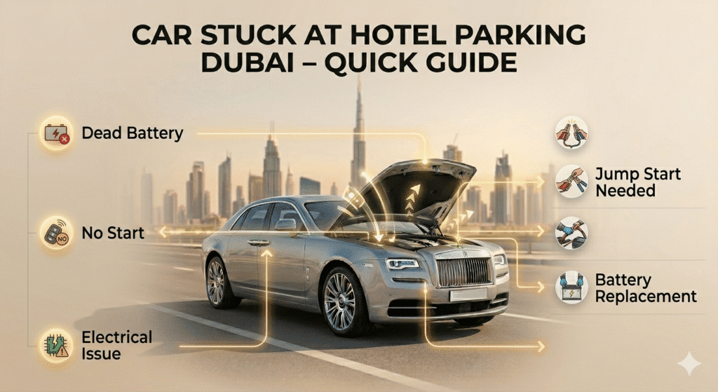 Car stuck at hotel parking Dubai showing battery issue, no start, and quick solutions