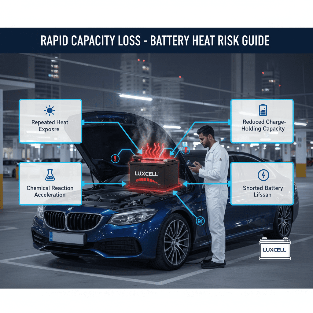 Rapid Capacity Loss β Battery Heat Risk Guide Battery rapid capacity loss infographic showing heat-induced charge depletion and reduced battery lifespan with premium brand illustration.