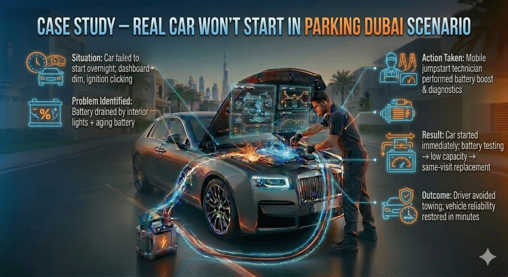 Luxury sedan in Dubai Marina being jumpstarted by a technician, with animated infographic bullets showing situation, problem, action, result, and outcome