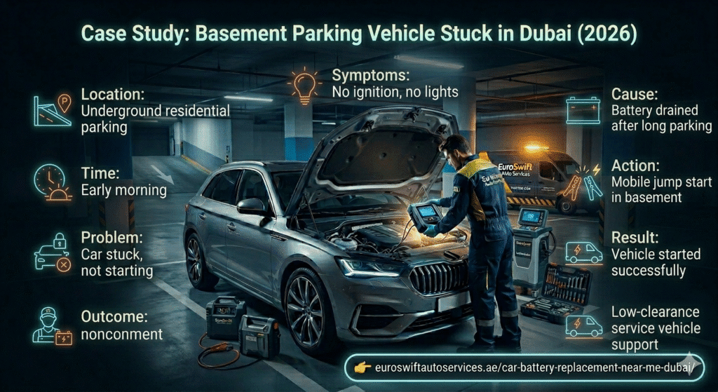 Case Study: Basement Parking Vehicle Stuck in Dubai (2026) Car stuck in Dubai basement parking at early morning with technician performing jump start and case study details displayed