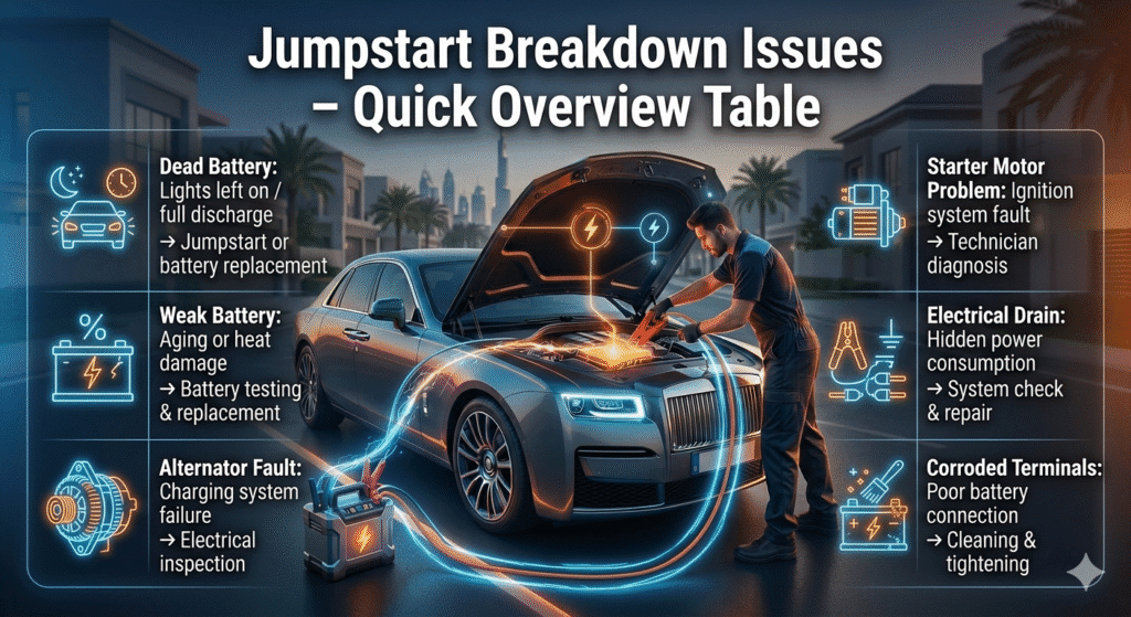Jumpstart Breakdown Issues – Quick Overview Table Luxury car being jumpstarted in Dubai with animated infographic bullets showing common battery and electrical issues along with solutions