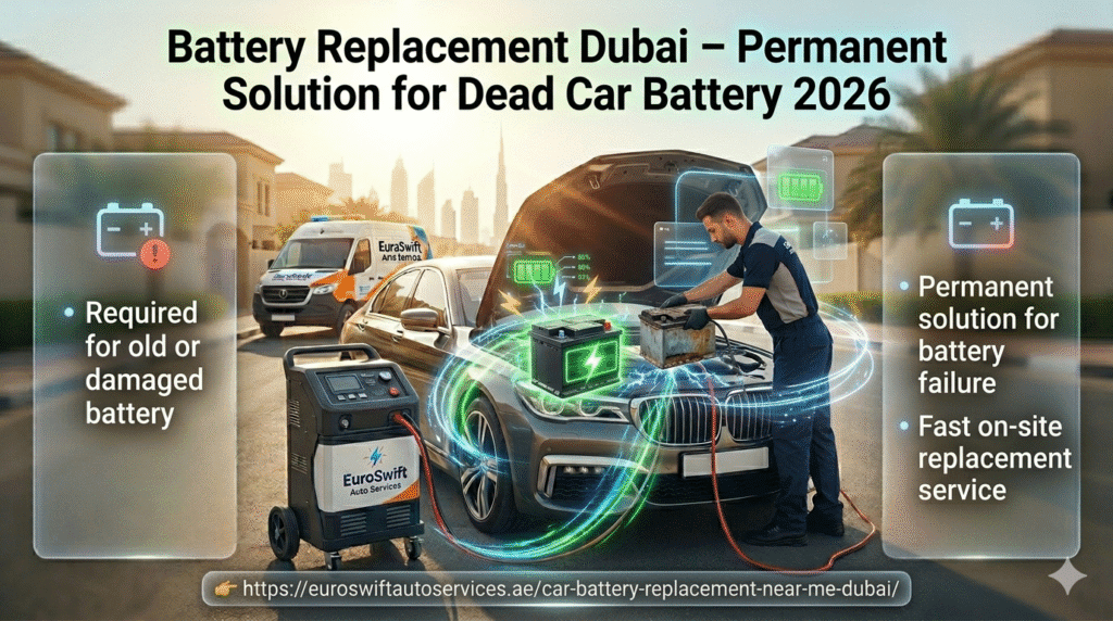 car battery replacement Dubai technician installing new battery in vehicle roadside service