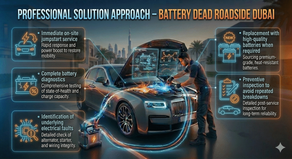 Professional Solution Approach β Battery Dead Roadside Dubai Technician performing jumpstart and battery diagnostics on a luxury car in Dubai with animated infographic bullets showing professional solution approach
