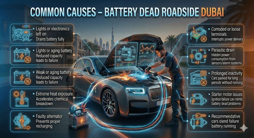 Common Causes β Battery Dead Roadside Dubai Luxury car in Dubai being jumpstarted by a technician with animated infographic bullets on sides showing common battery failure causes