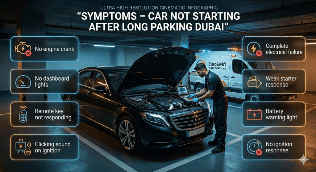Car showing electrical failure symptoms in Dubai parking with technician inspecting battery and ignition system
