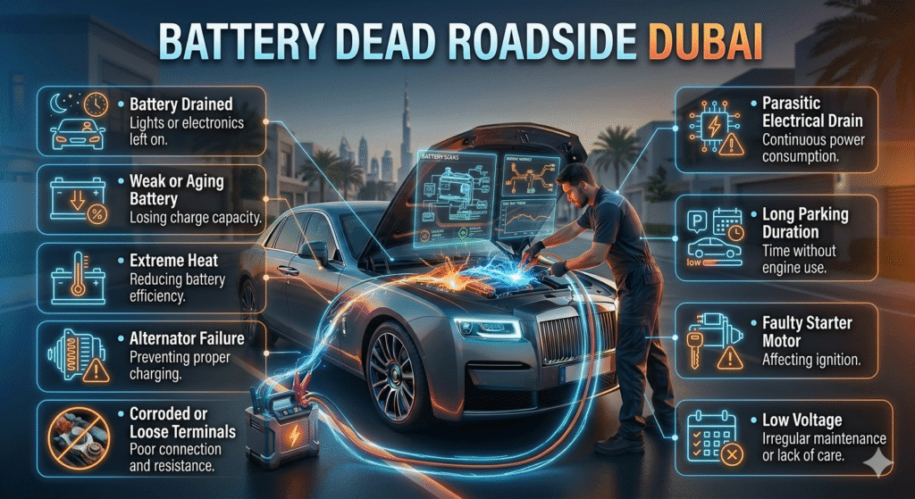 Luxury sedan in Dubai being jumpstarted by a technician with animated infographic bullets showing common battery issues and causes