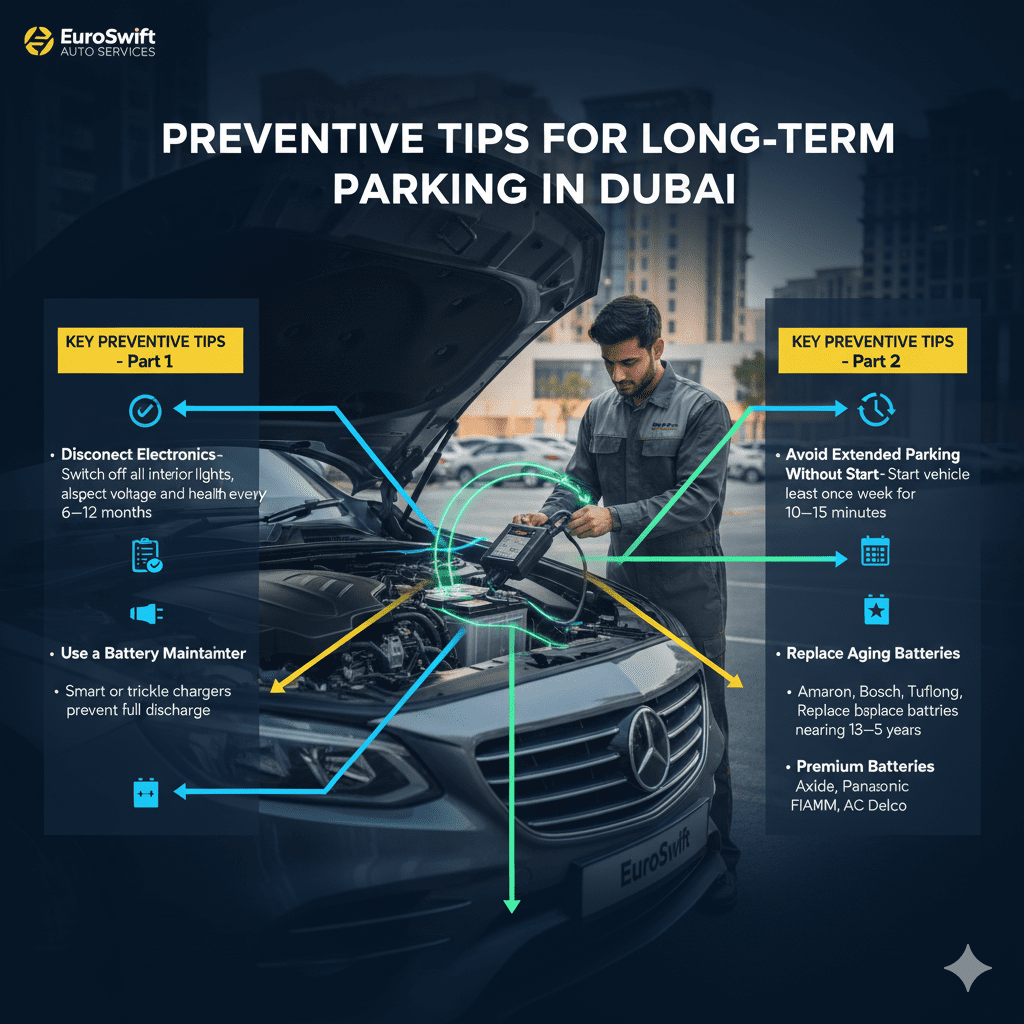 Preventive Tips for Long-Term Parking Batteries in Dubai β 2026 Guide Infographic showing preventive tips for long-term parking in Dubai, including disconnecting electronics, battery checks, smart maintainers, avoiding extended idle parking, replacing aging batteries, and using premium brands.