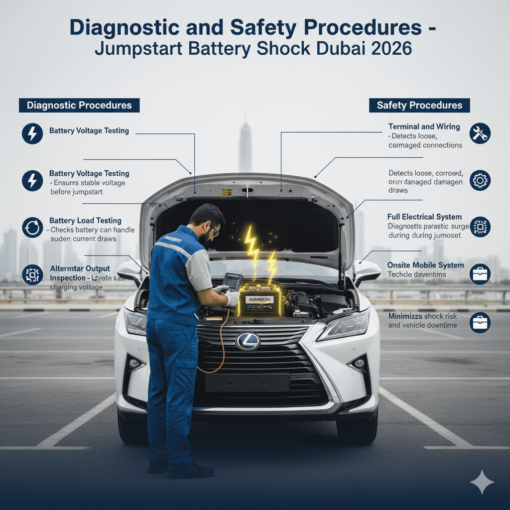 Infographic showing diagnostic and safety procedures for jumpstart battery shock in Dubai, with a technician inspecting a car battery and key procedures displayed on left and right sides.