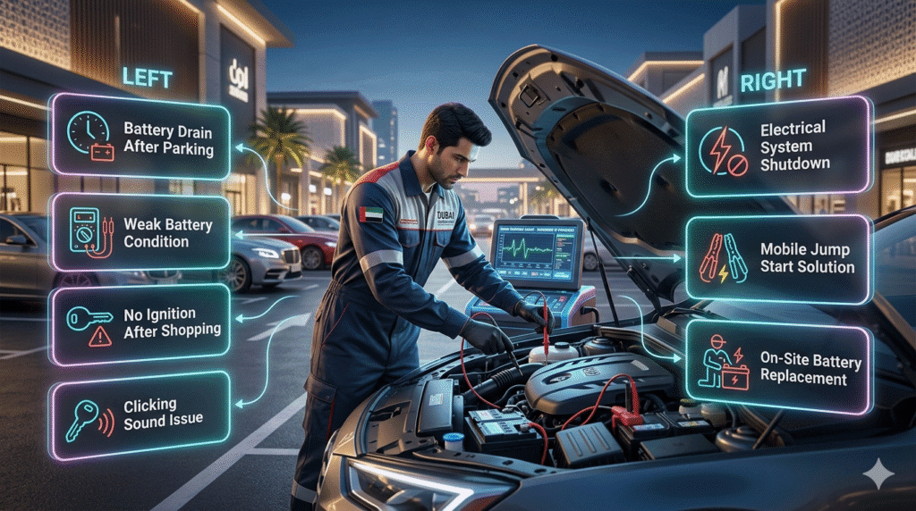 Luxury car breakdown in Dubai shopping mall parking showing mobile mechanic diagnosing dead battery with infographic UI points and jump start service.