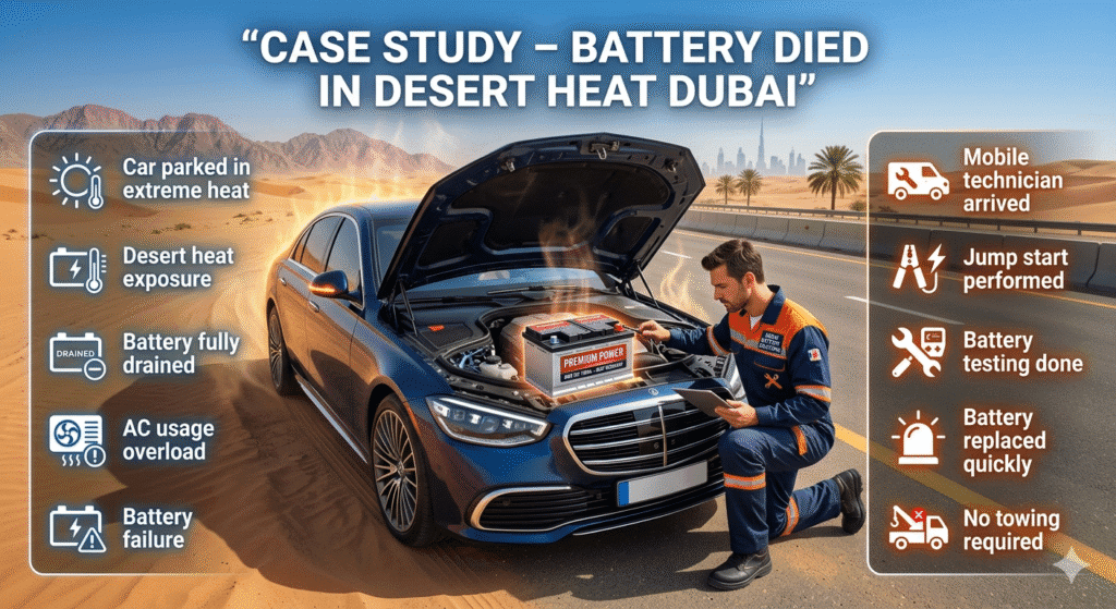 Case study of car battery failure in Dubai desert heat with quick replacement solution