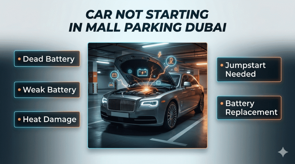 Car not starting in mall parking Dubai showing dead battery issue and jumpstart solution in basement parking