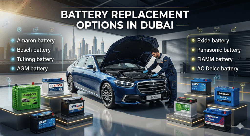 Different battery replacement options in Dubai showing Amaron, Bosch, AGM, and other car battery brands