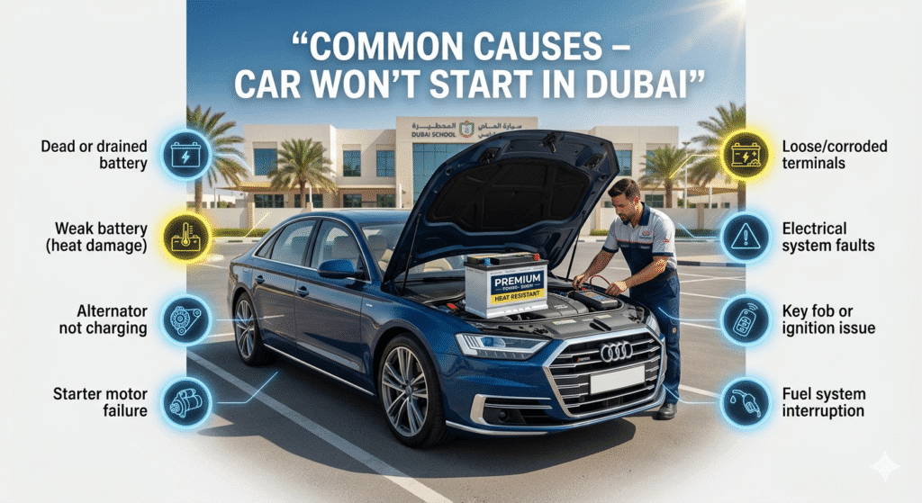 Common causes of car not starting in Dubai showing battery problems and automotive issues in school parking