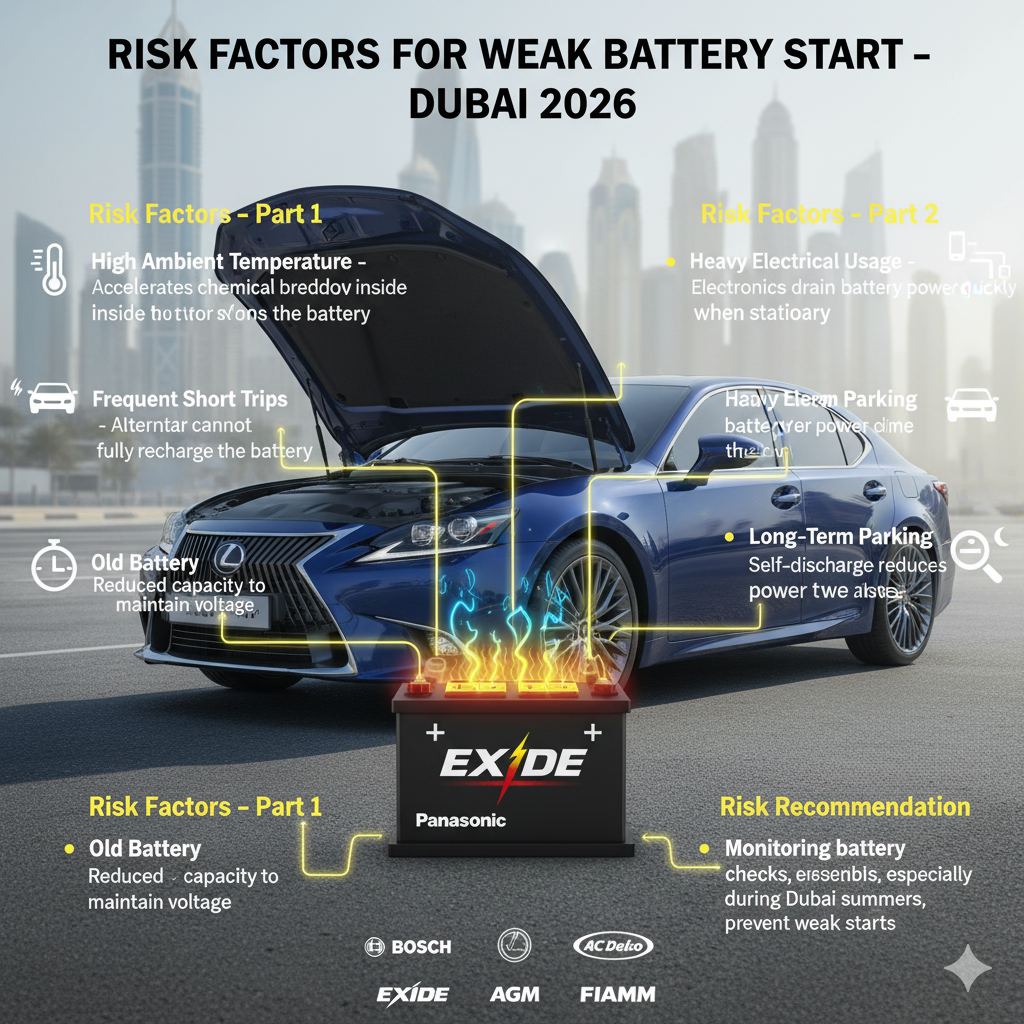 Infographic showing risk factors for weak battery start in Dubai, with a premium car battery stressed by heat and heavy load, and key risk points displayed on left and right sides.