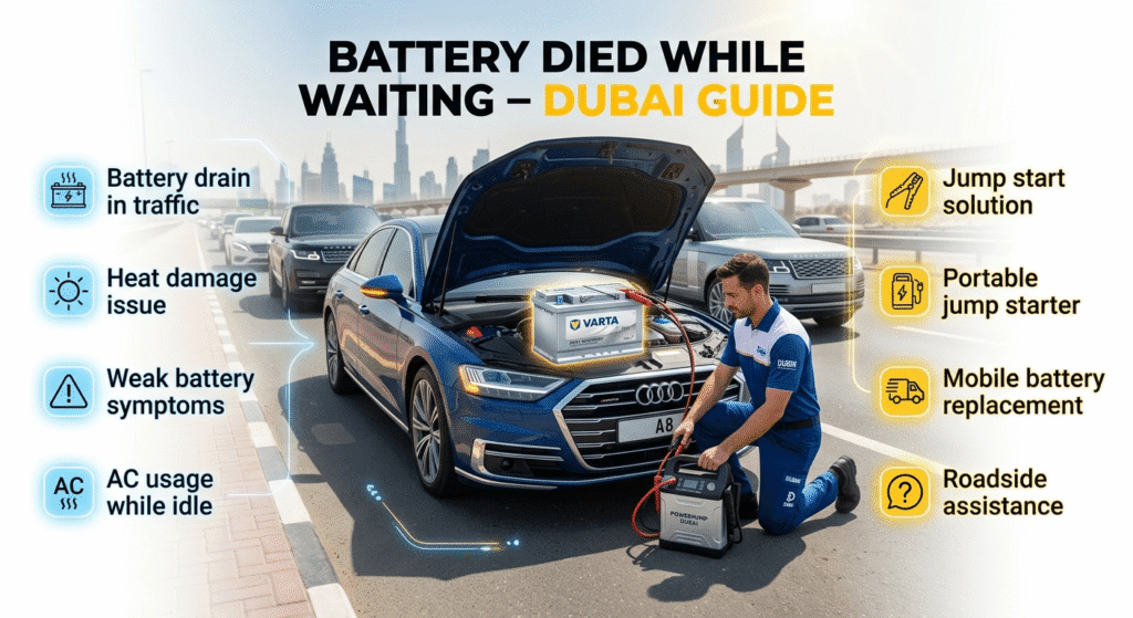 Battery died while waiting in Dubai traffic showing emergency jump start and battery problem