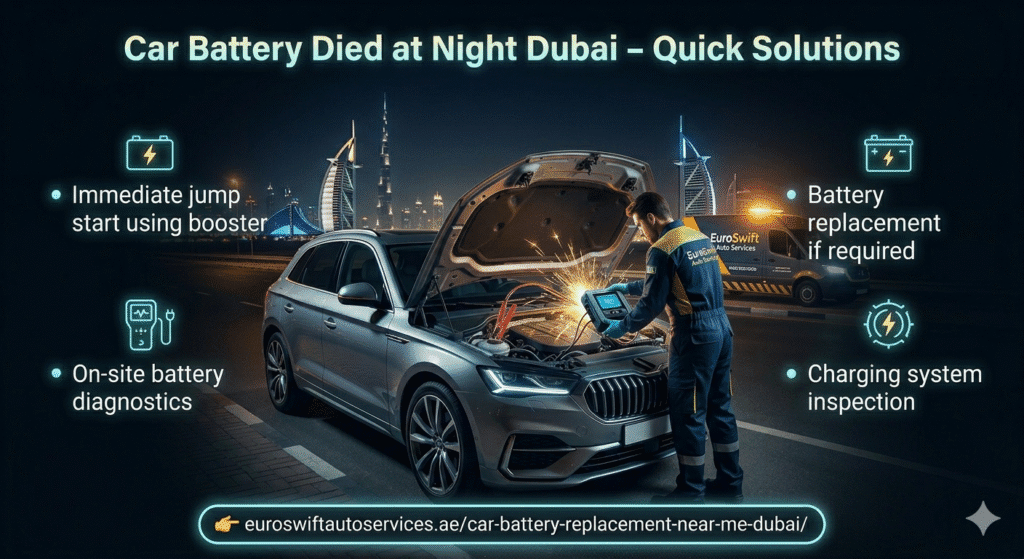 Car battery died at night in Dubai with technician performing jump start and showing key solutions infographic