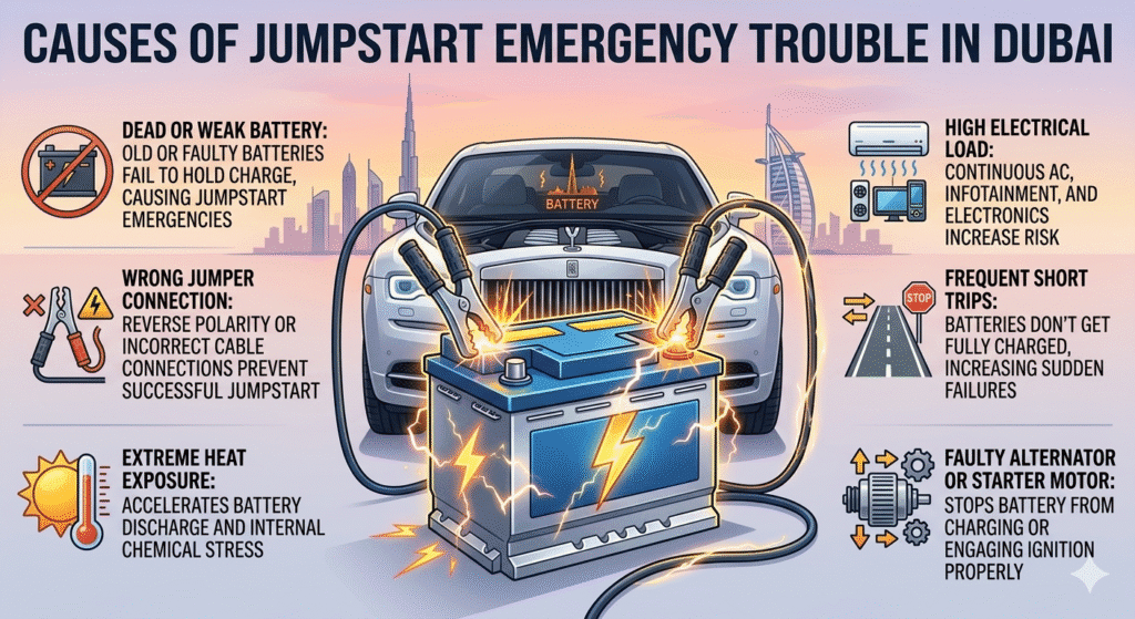 "Animated infographic showing the causes of jumpstart emergency trouble in Dubai, with a central car battery and luxury branded car, and key causes displayed as bullet points on the sides."