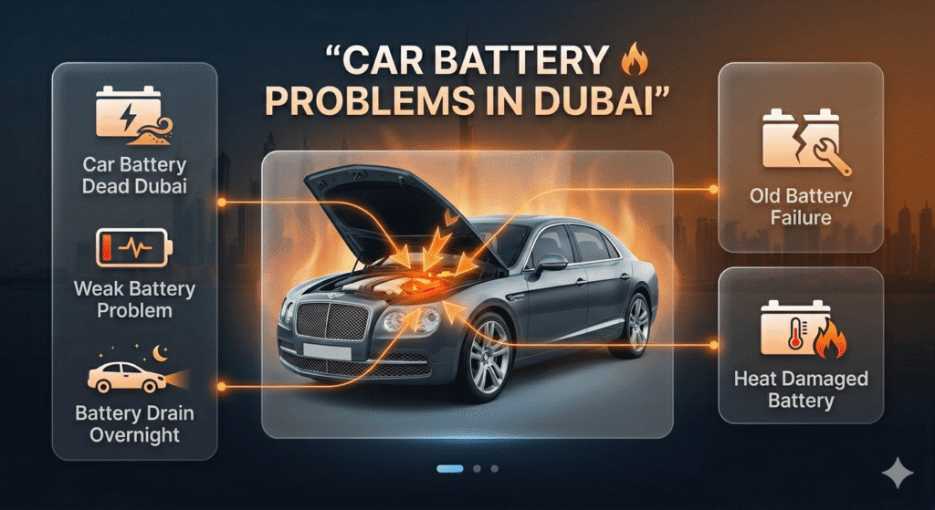 Car Battery Problems in Dubai – Complete Visual Guide 2026 Car battery dead Dubai infographic showing weak battery, heat damage, and overnight drain issues with visual guide