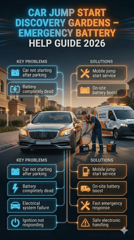 Cinematic infographic showing car jump start service in Discovery Gardens with mobile mechanic, dead battery situation, and roadside emergency assistance.