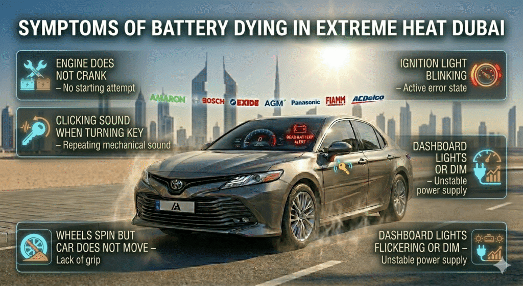 Illustration of a car parked under Dubai sun with dashboard showing dead battery alert. Left and right sides display symptoms of battery dying in extreme heat Dubai: engine does not crank, clicking sound, wheels spin with no movement, ignition light blinking, dashboard lights flickering. Animated premium battery brand logos (Amaron, Bosch, Exide, AGM, Panasonic, FIAMM, AC Delco) float subtly in background.