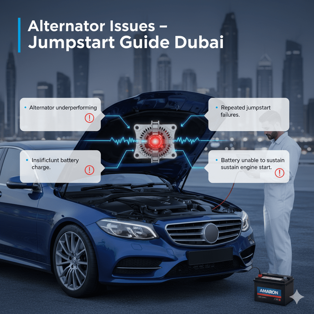 Infographic showing alternator issues causing insufficient battery charge and repeated jumpstart failures in Dubai, with premium battery replacement options.